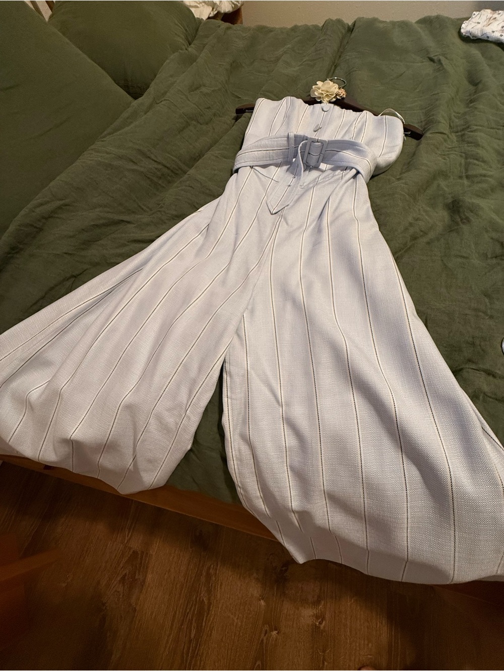 Club Monaco Strapless Wide-Leg Jumpsuit in Light Blue with Belt